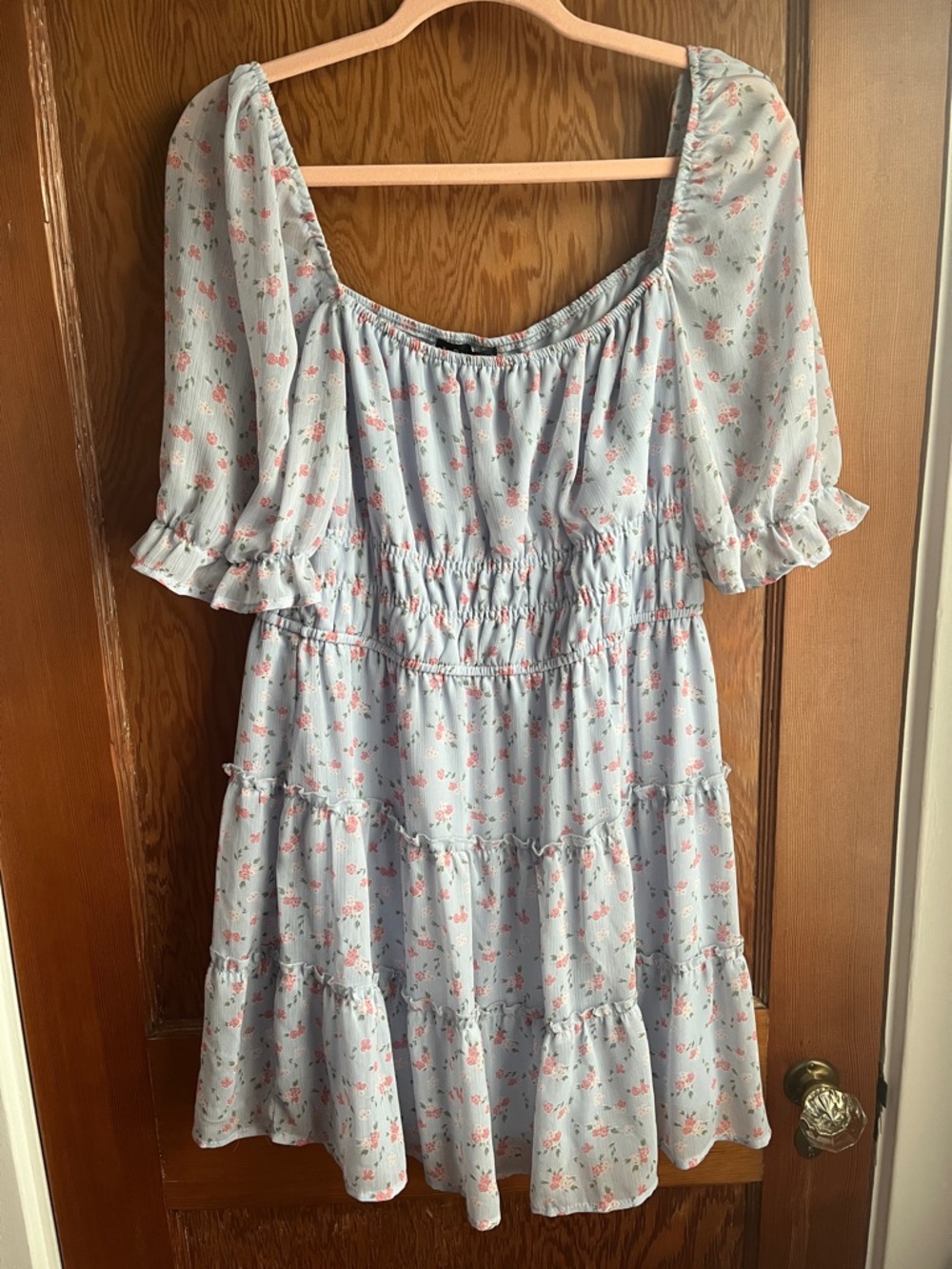 Trixxi Light Blue Floral Smocked Tiered Midi Dress